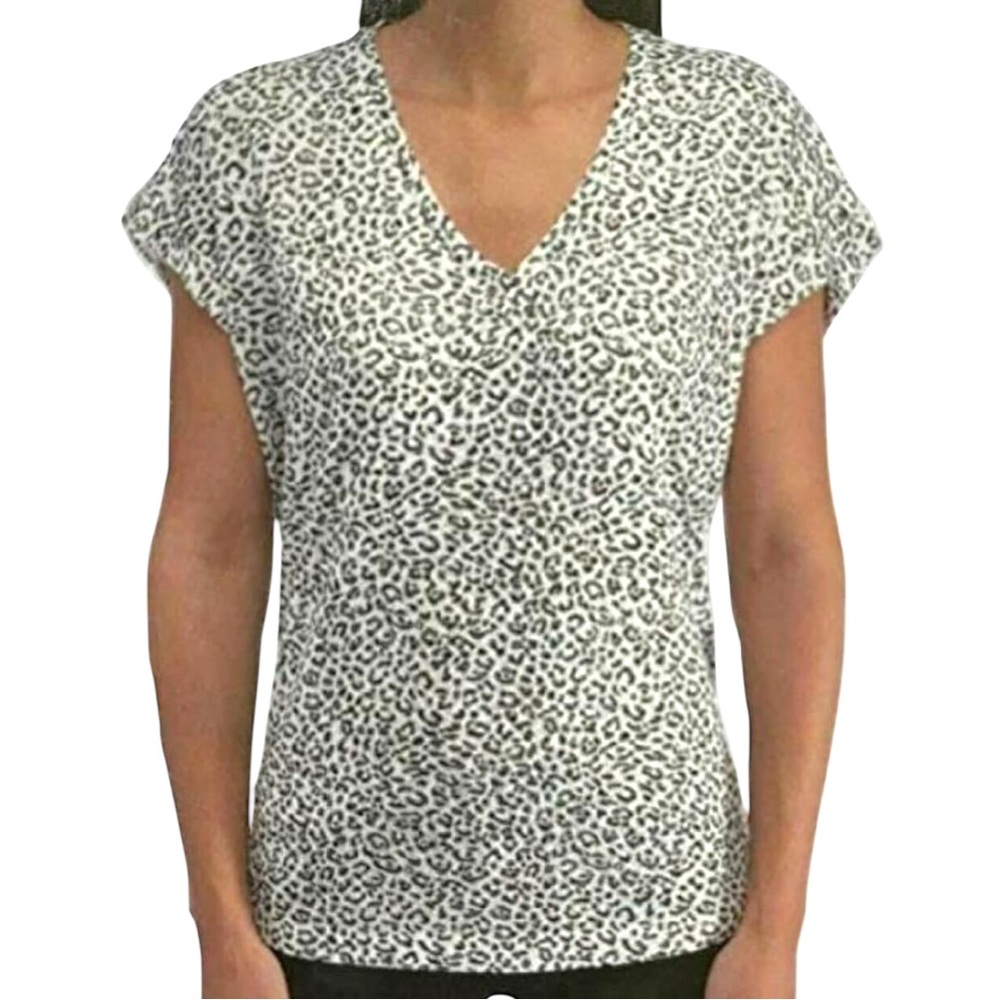 Bobeau | White & Black Leopard Print V-Neck Blouse Top | XL